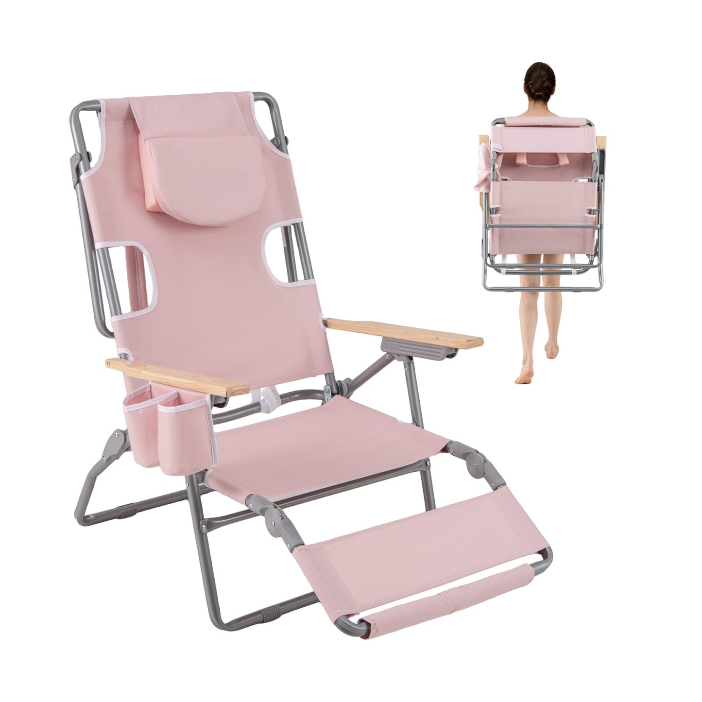 3-IN-1 Foldable Beach Chair Lay-Flat Tanning Chair with Face Hole-Beige