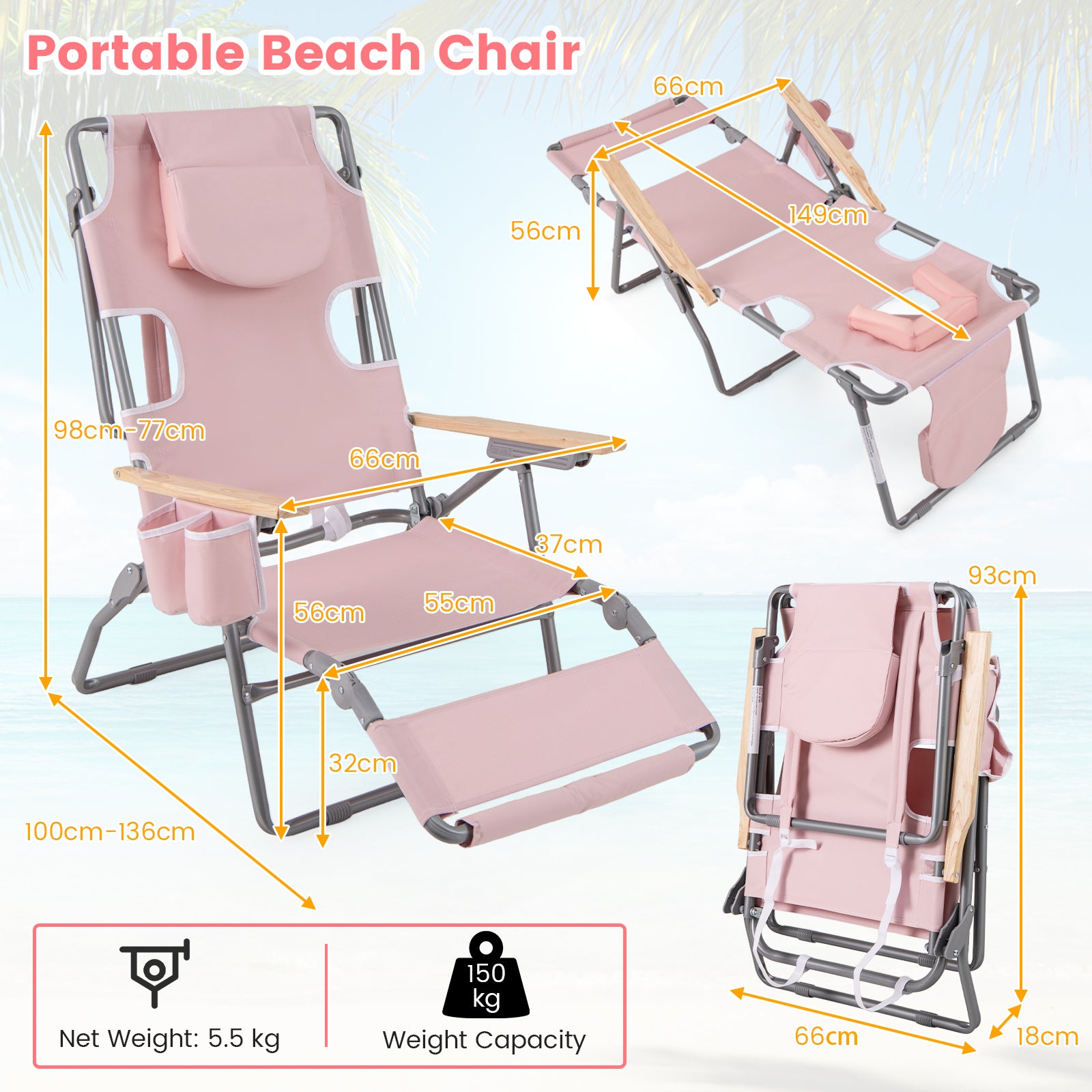 3-IN-1 Foldable Beach Chair Lay-Flat Tanning Chair with Face Hole-Beige