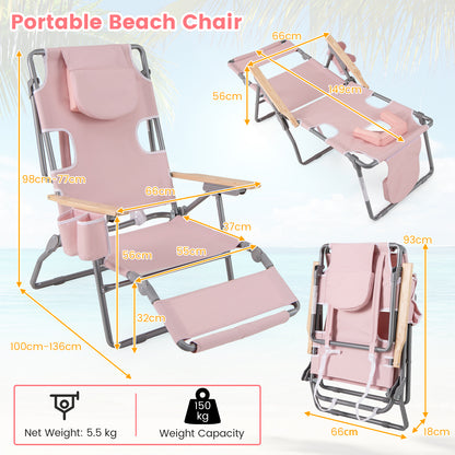 3-IN-1 Foldable Beach Chair Lay-Flat Tanning Chair with Face Hole-Beige