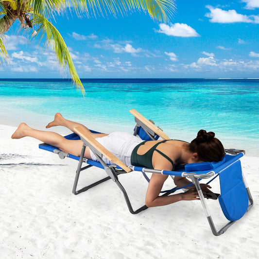 3-IN-1 Foldable Beach Chair Lay-Flat Tanning Chair with Face Hole-Navy