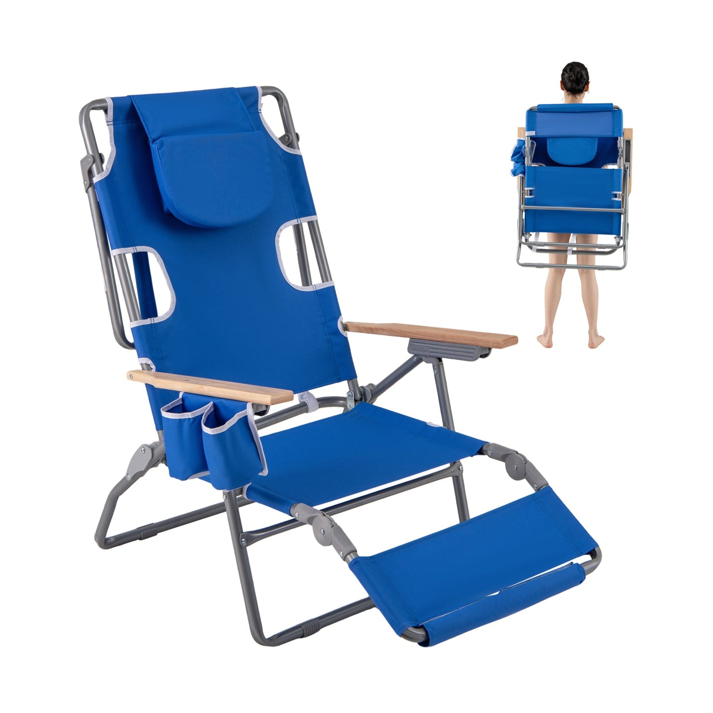 3-IN-1 Foldable Beach Chair Lay-Flat Tanning Chair with Face Hole-Navy