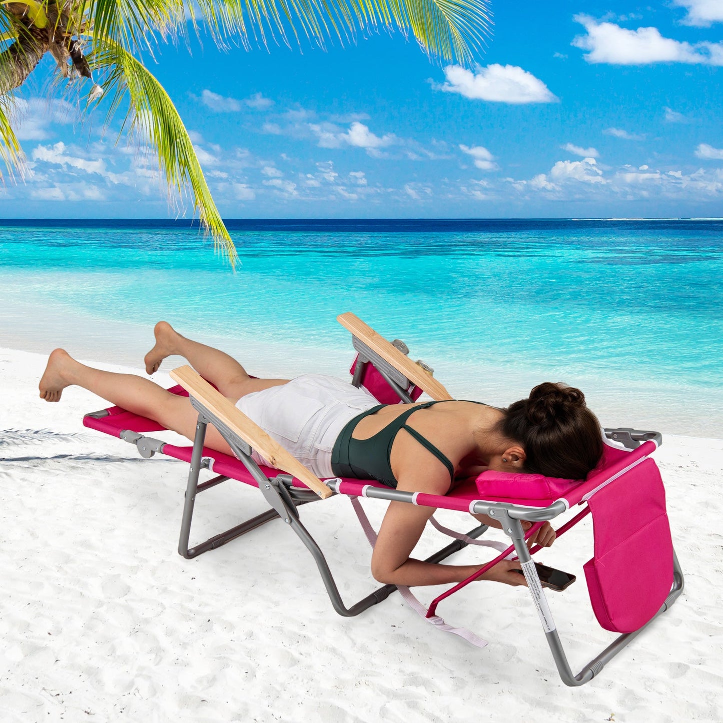 3-IN-1 Foldable Beach Chair Lay-Flat Tanning Chair with Face Hole-Pink