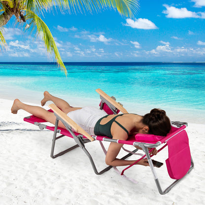 3-IN-1 Foldable Beach Chair Lay-Flat Tanning Chair with Face Hole-Pink
