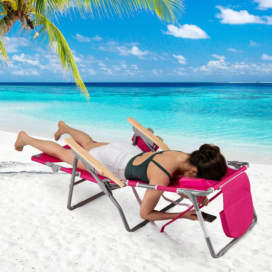 3-IN-1 Foldable Beach Chair Lay-Flat Tanning Chair with Face Hole-Pink