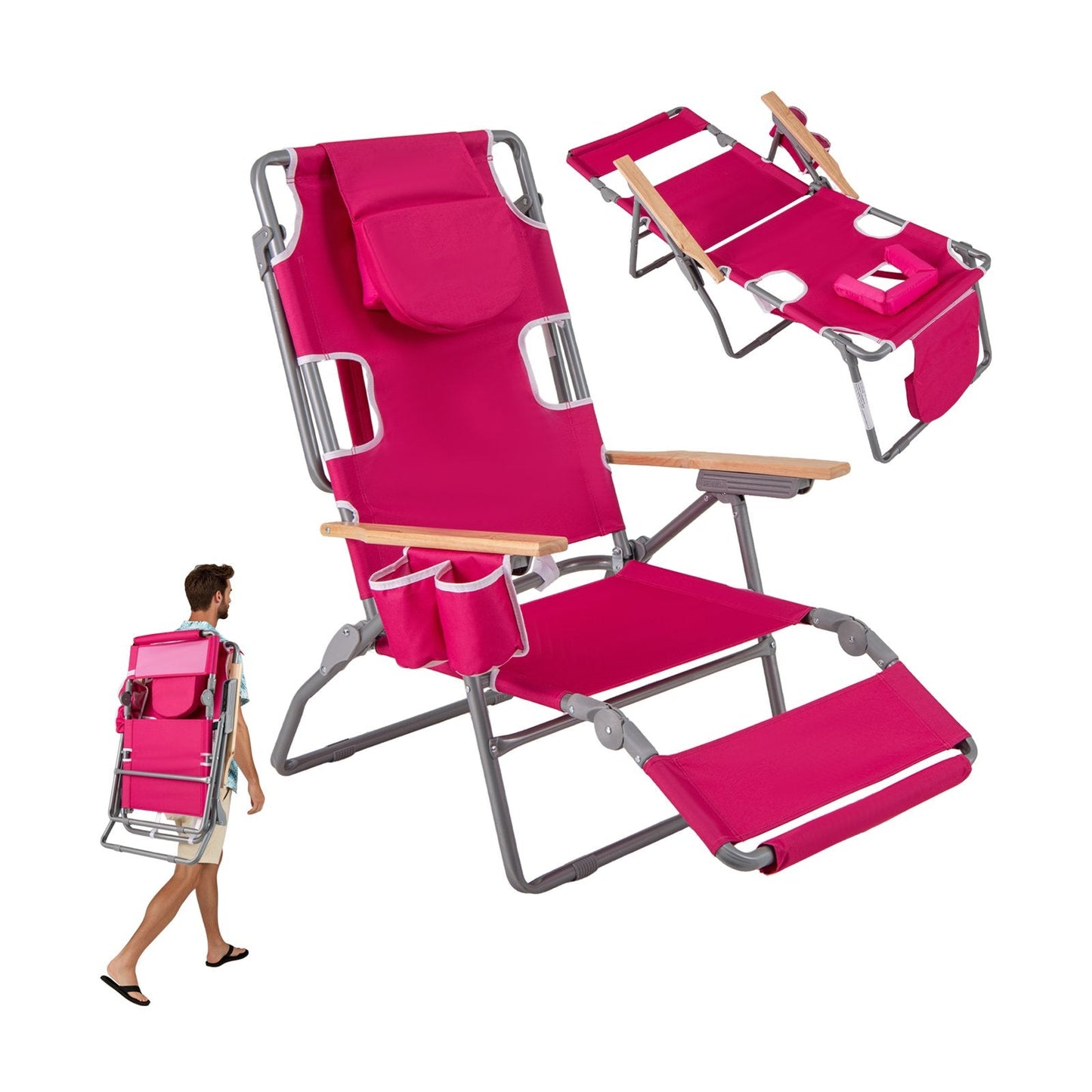 3-IN-1 Foldable Beach Chair Lay-Flat Tanning Chair with Face Hole-Pink