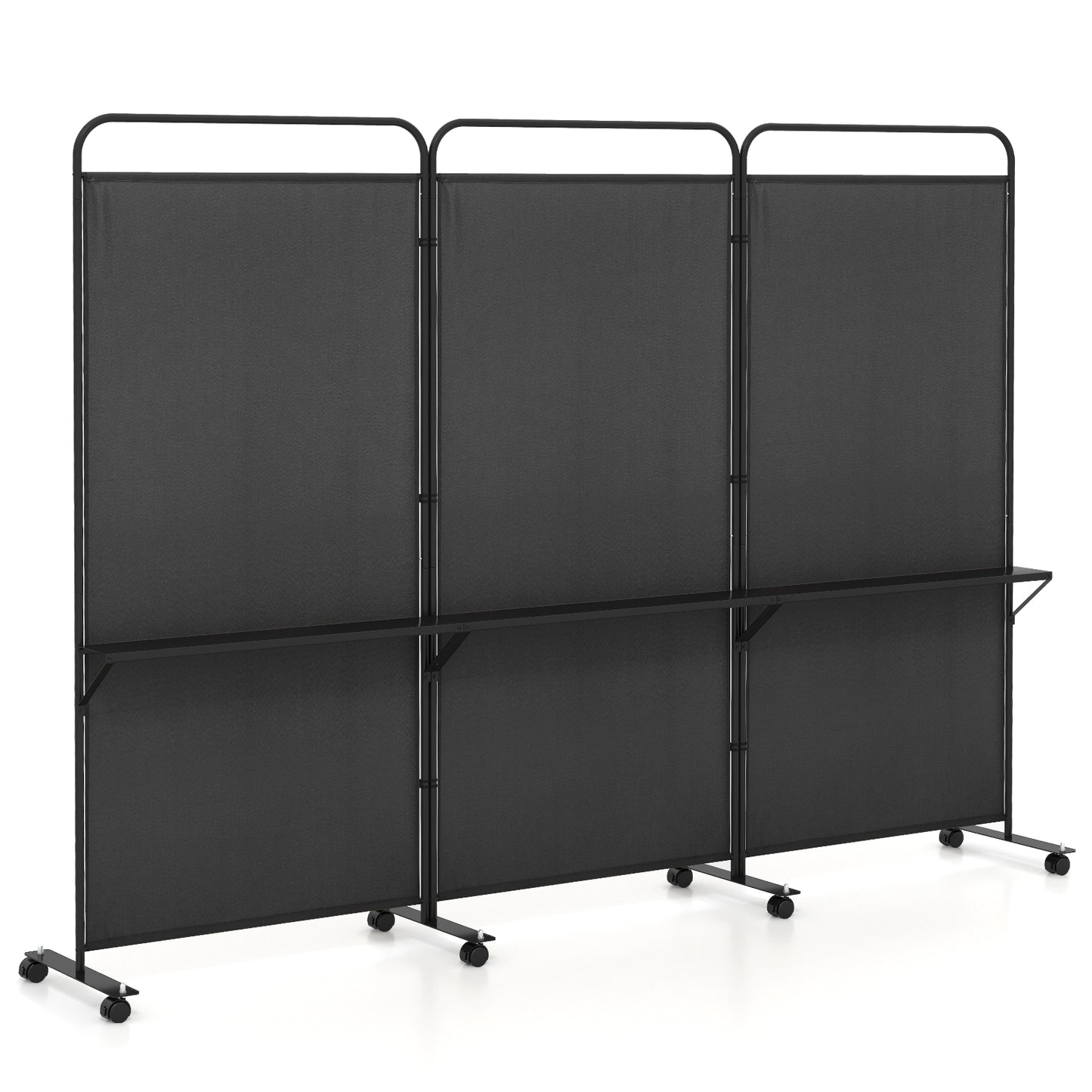 3-Panel Folding Room Divider Rolling Privacy Screen with 3 Metal Shelves-Black