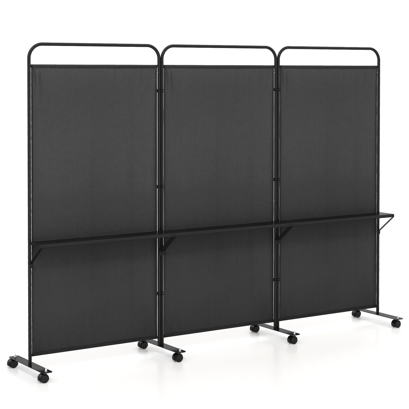 3-Panel Folding Room Divider Rolling Privacy Screen with 3 Metal Shelves-Black