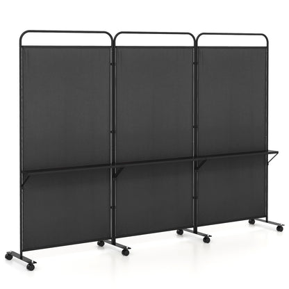 3-Panel Folding Room Divider Rolling Privacy Screen with 3 Metal Shelves-Black