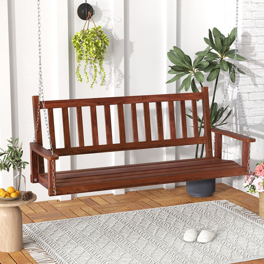 2/3 Person Wooden Outdoor Porch Swing with Adjustable Upper Chains-Brown-3 Person