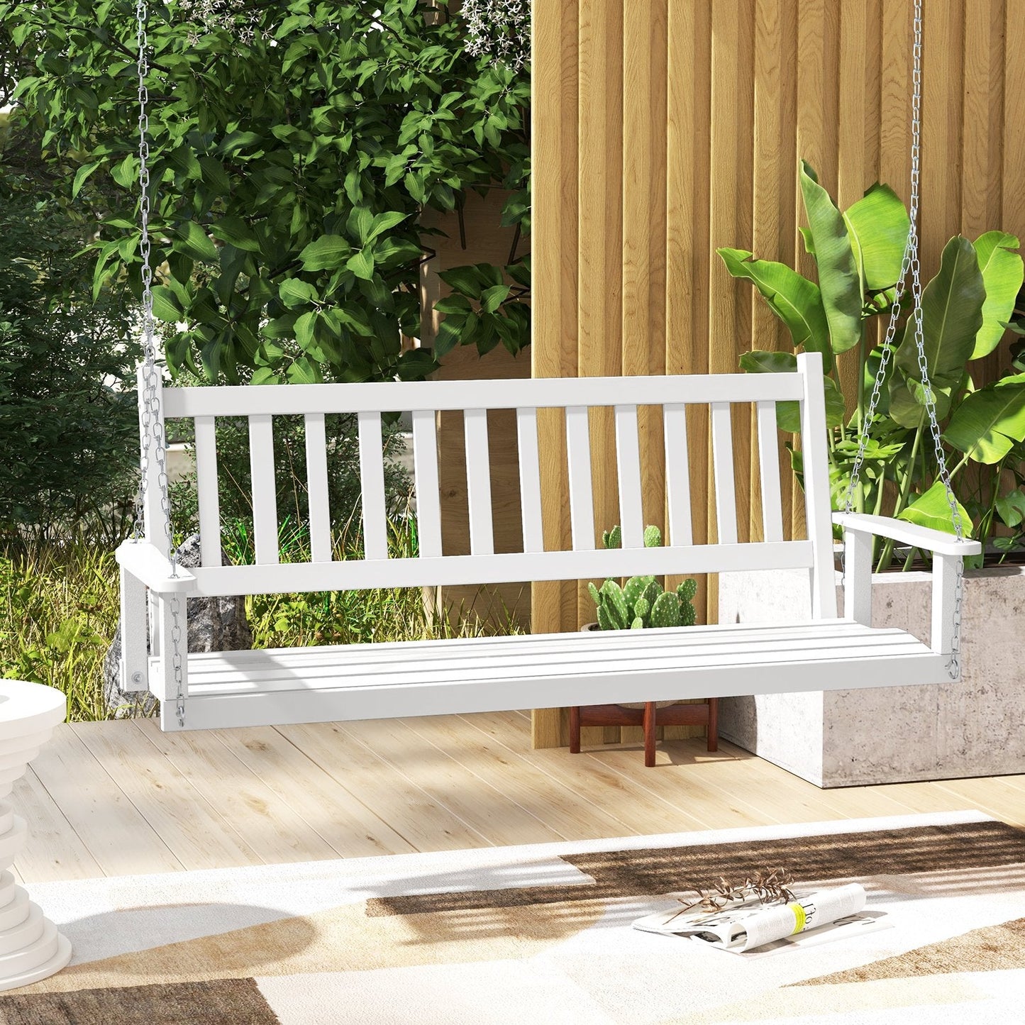 2/3 Person Wooden Outdoor Porch Swing with Adjustable Upper Chains-White-3 Person