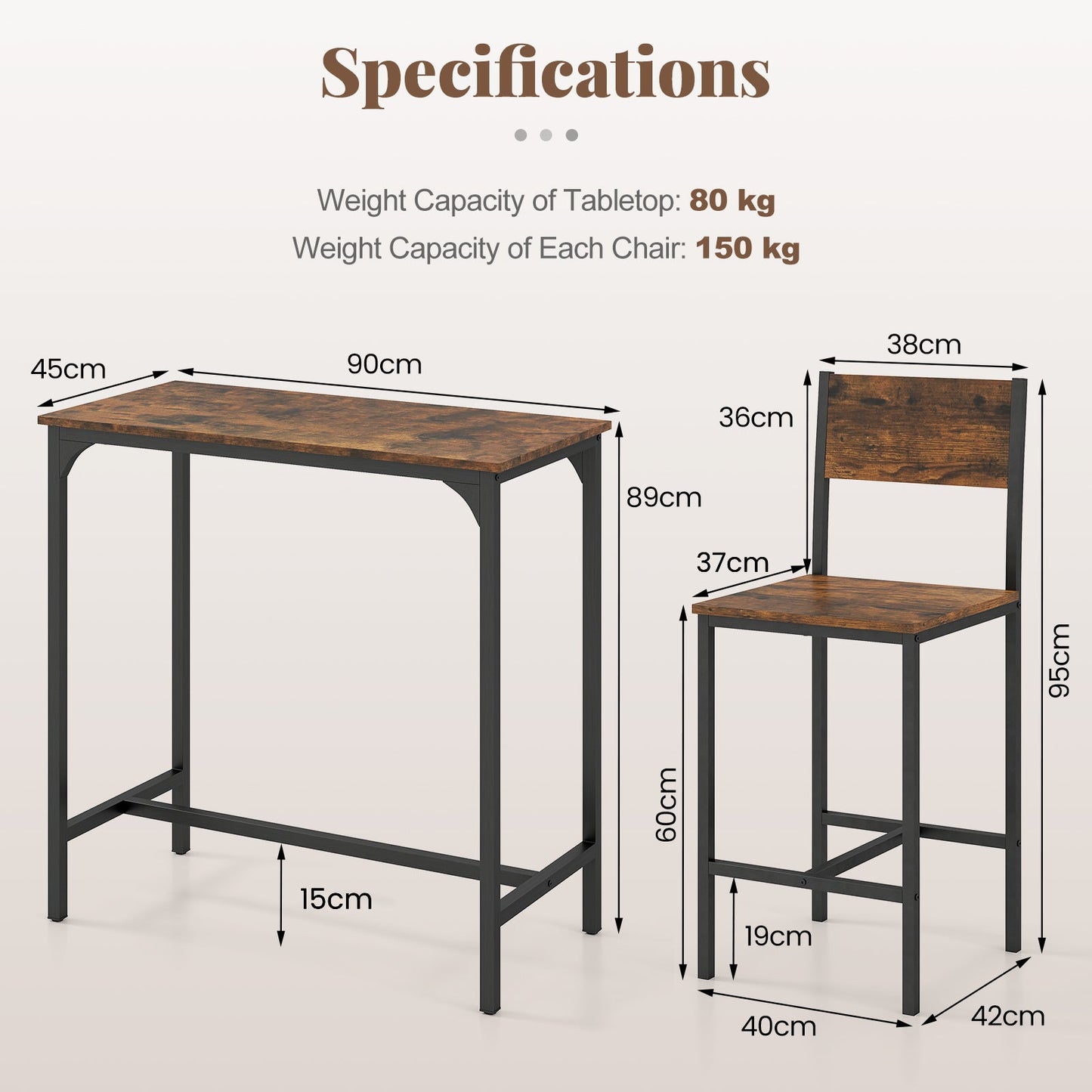 3 Piece Bar Table Set with Pub Dining Table and 2 Bar Stoolsfor Small Space-Brown