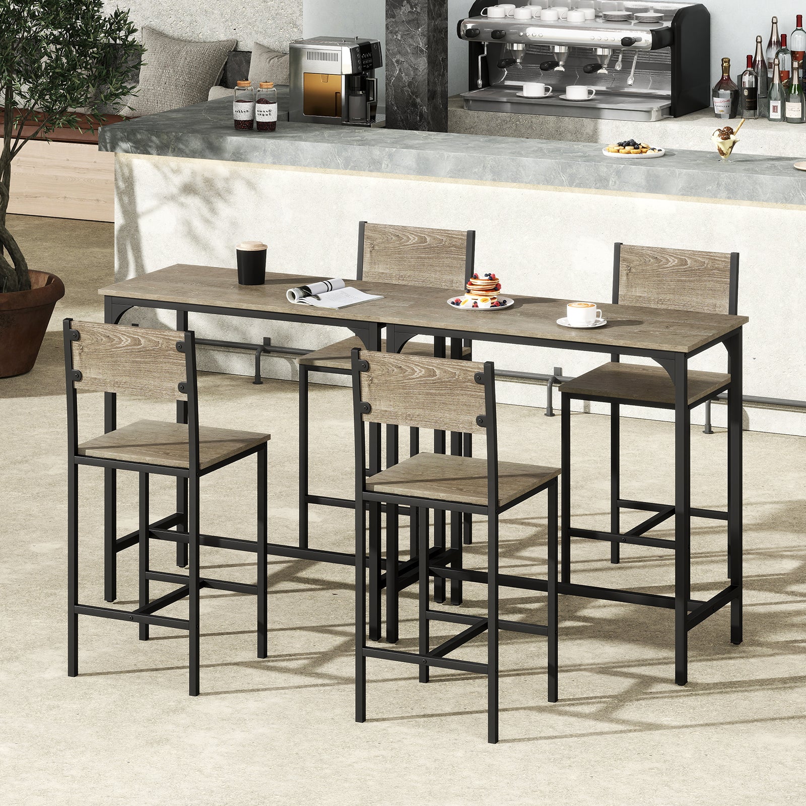3 Piece Bar Table Set with Pub Dining Table and 2 Bar Stoolsfor Small Space-Grey
