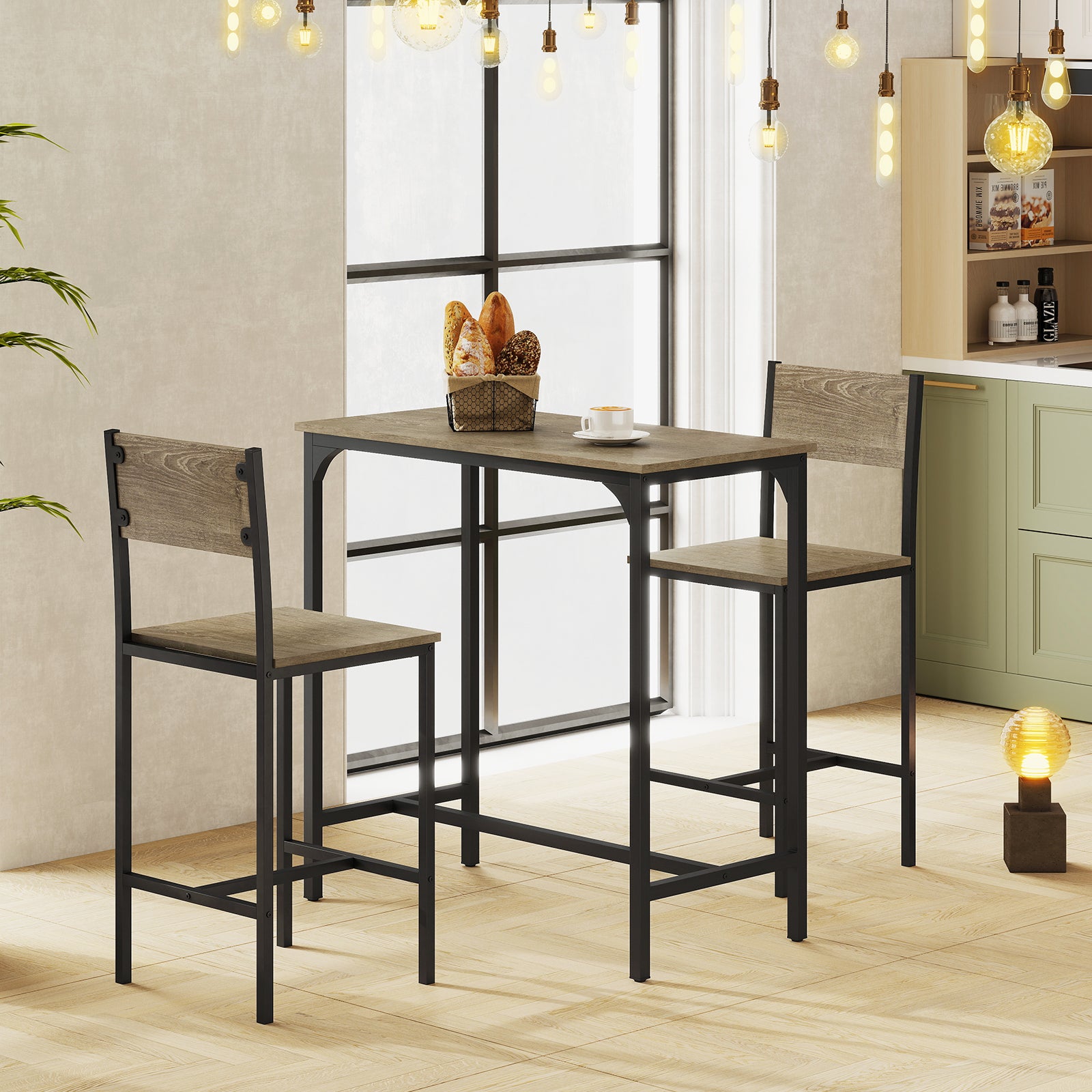 3 Piece Bar Table Set with Pub Dining Table and 2 Bar Stoolsfor Small Space-Grey