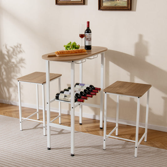 3 Piece Counter Height Table Set Oval Dining Table and 2 Stools-Natural