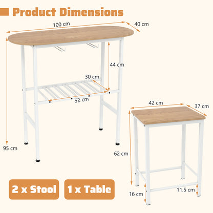 3 Piece Counter Height Table Set Oval Dining Table and 2 Stools-Natural