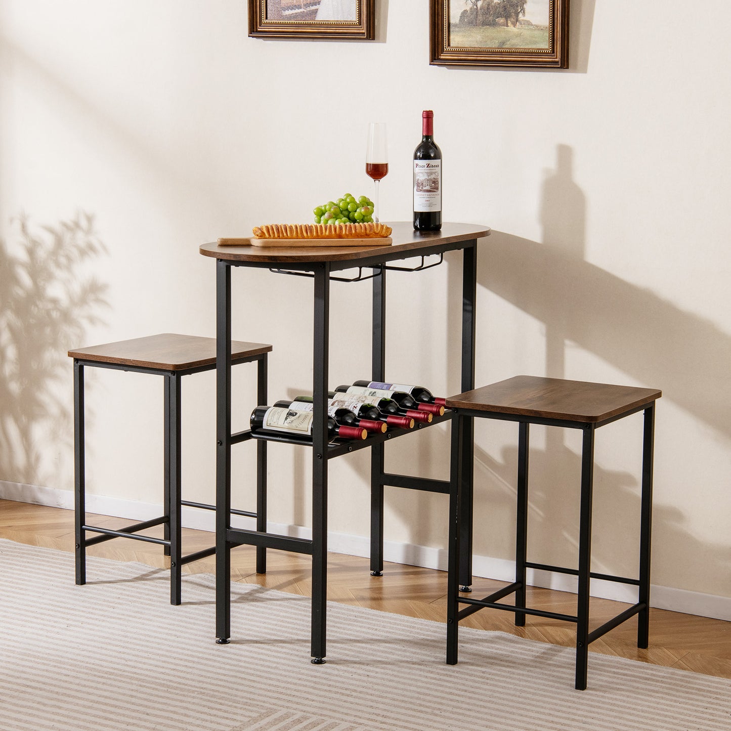 3 Piece Counter Height Table Set Oval Dining Table and 2 Stools-Rustic Brown