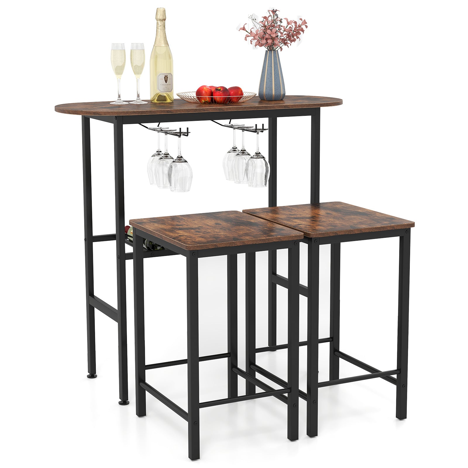 3 Piece Counter Height Table Set Oval Dining Table and 2 Stools-Rustic Brown