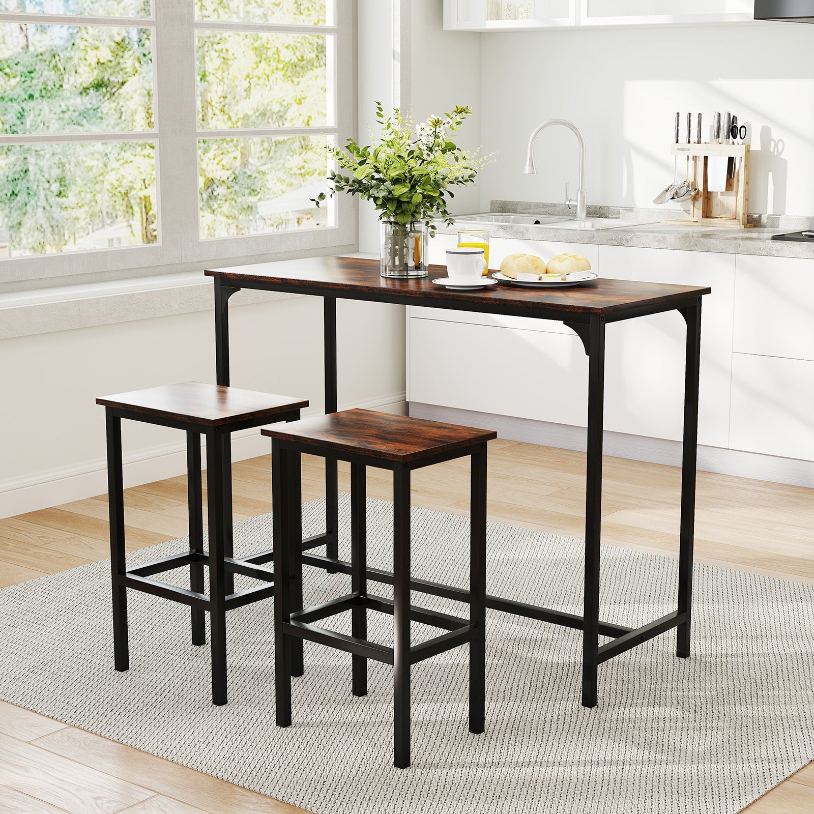 3-Piece Dining Table Set with High Top Rectangular Pub Table and Chairs-Rustic Brown