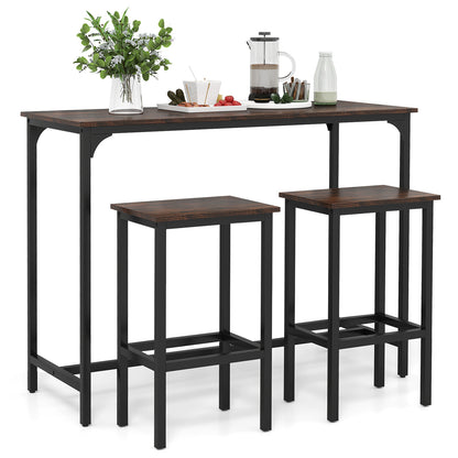 3-Piece Dining Table Set with High Top Rectangular Pub Table and Chairs-Rustic Brown