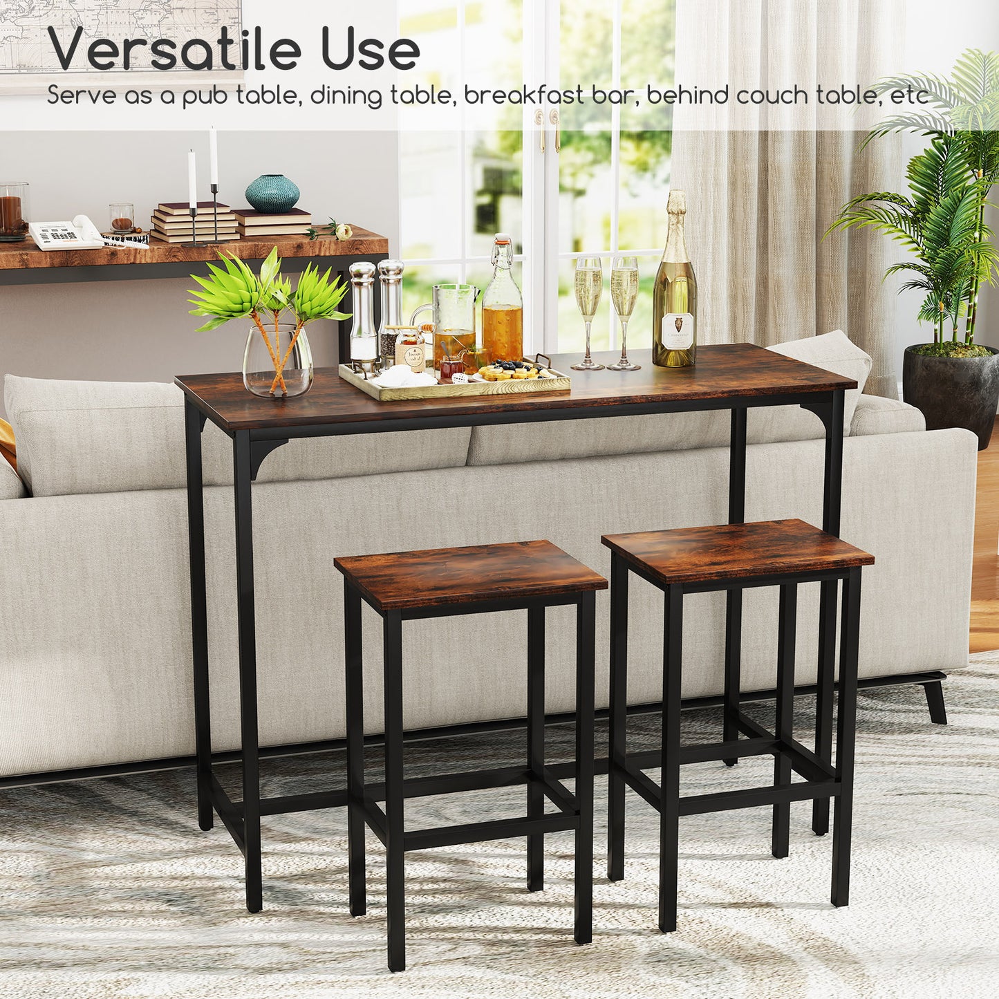 3-Piece Dining Table Set with High Top Rectangular Pub Table and Chairs-Rustic Brown