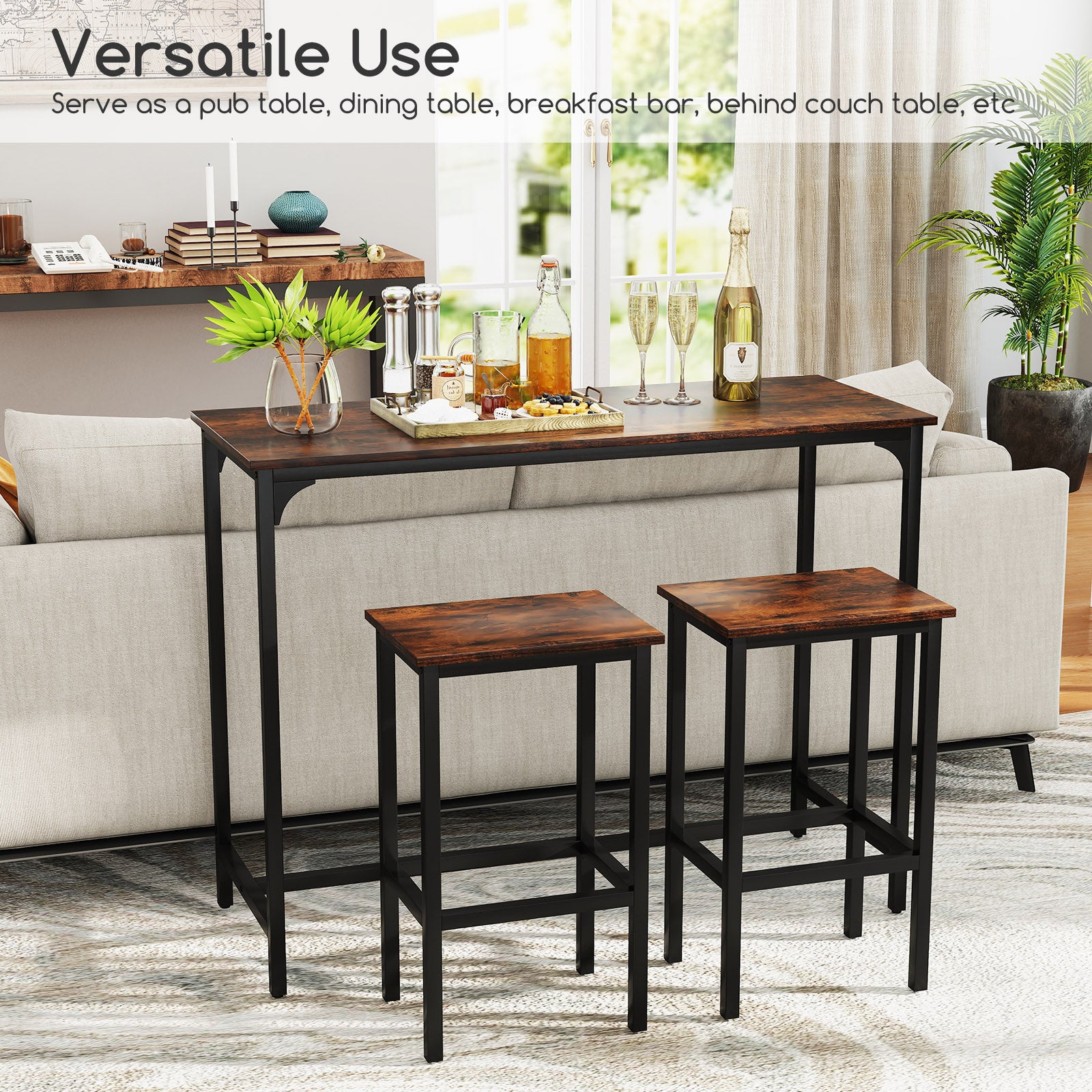3-Piece Dining Table Set with High Top Rectangular Pub Table and Chairs-Rustic Brown