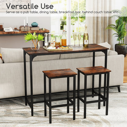 3-Piece Dining Table Set with High Top Rectangular Pub Table and Chairs-Rustic Brown