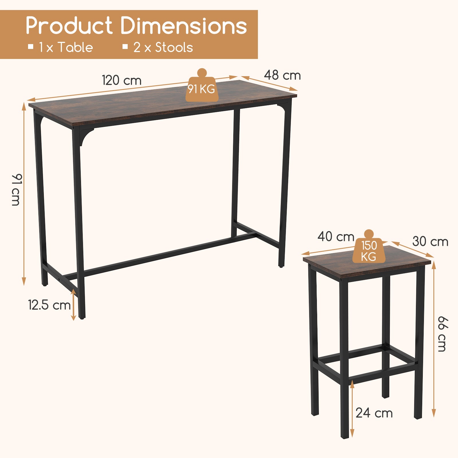 3-Piece Dining Table Set with High Top Rectangular Pub Table and Chairs-Rustic Brown