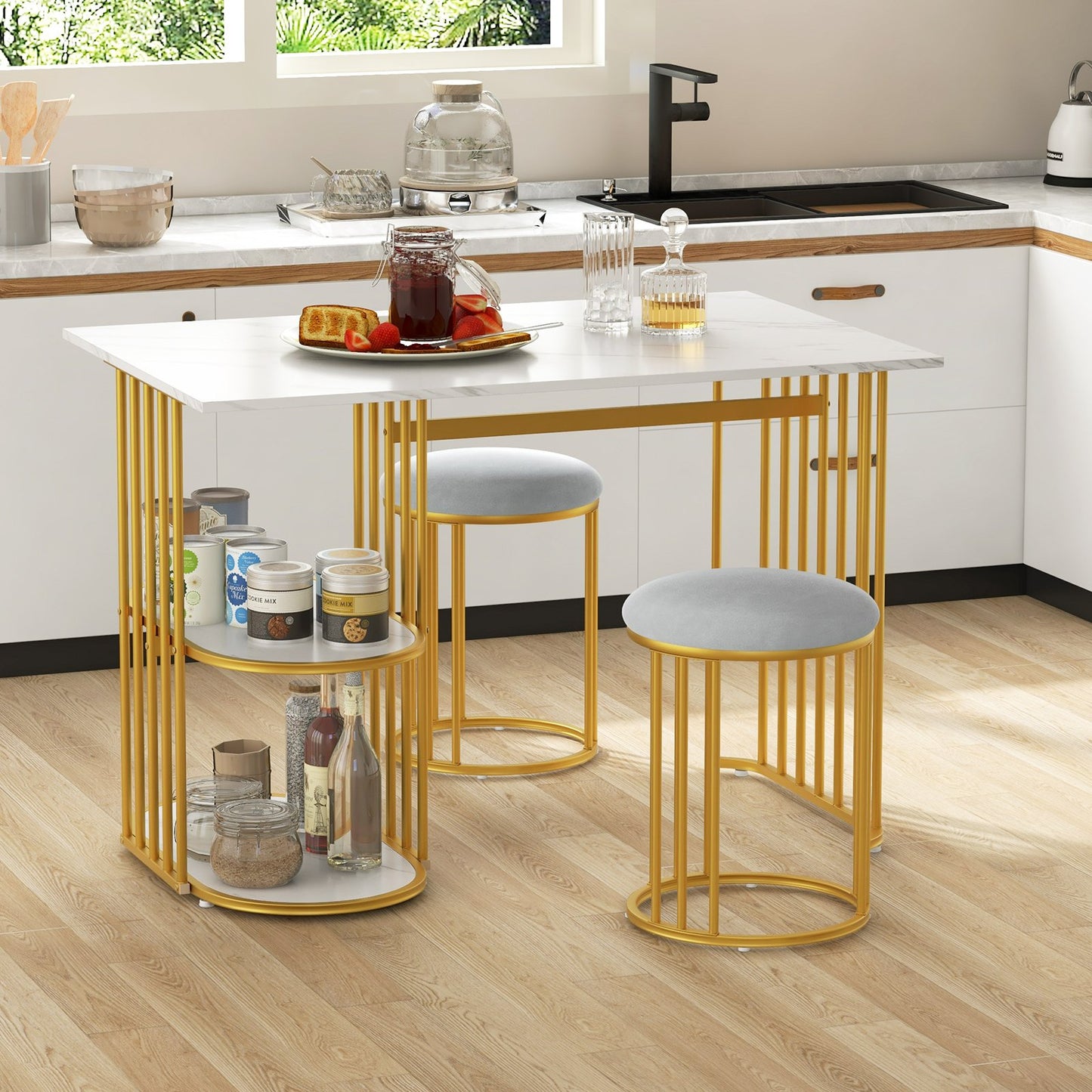 3 Piece Dining Table Set with 2 Stools and Rectangular Dining Table-White