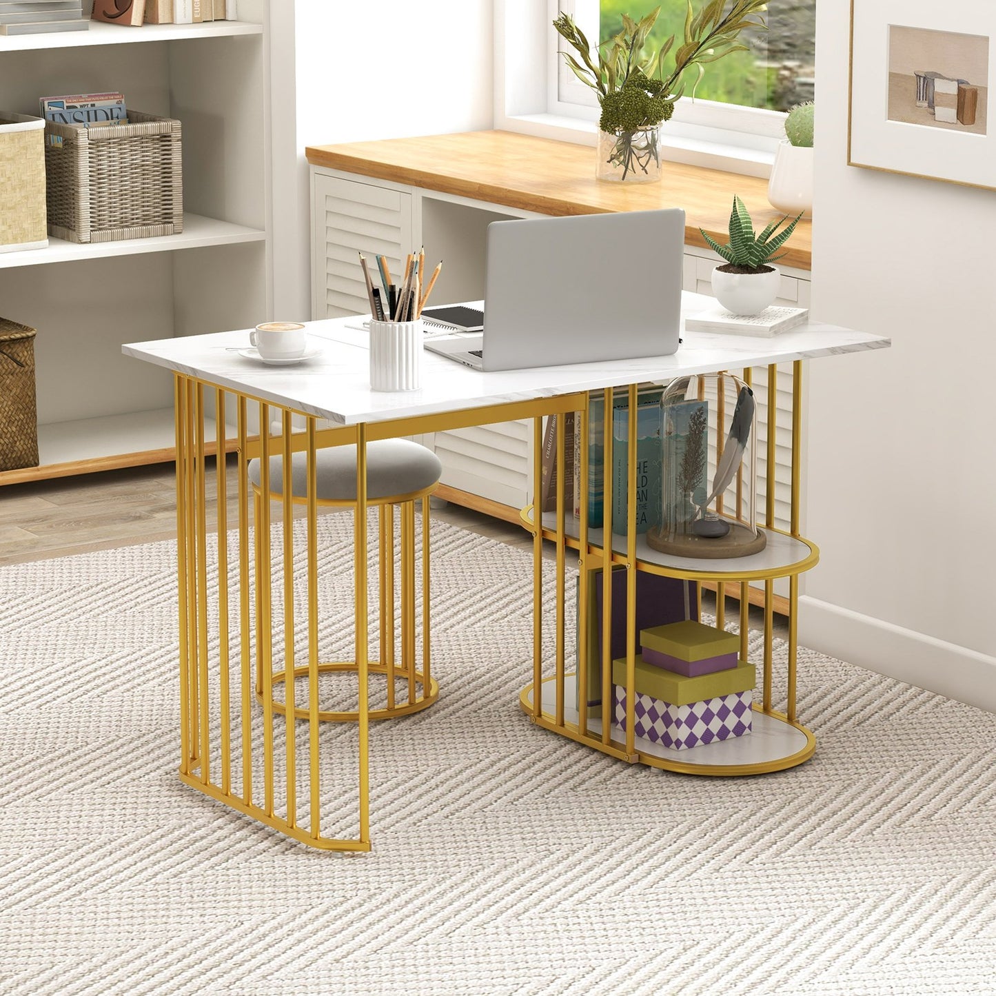 3 Piece Dining Table Set with 2 Stools and Rectangular Dining Table-White
