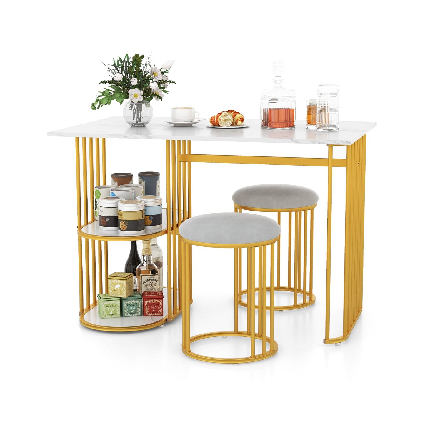 3 Piece Dining Table Set with 2 Stools and Rectangular Dining Table-White