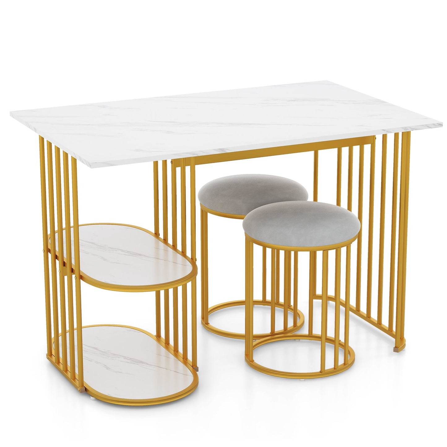 3 Piece Dining Table Set with 2 Stools and Rectangular Dining Table-White
