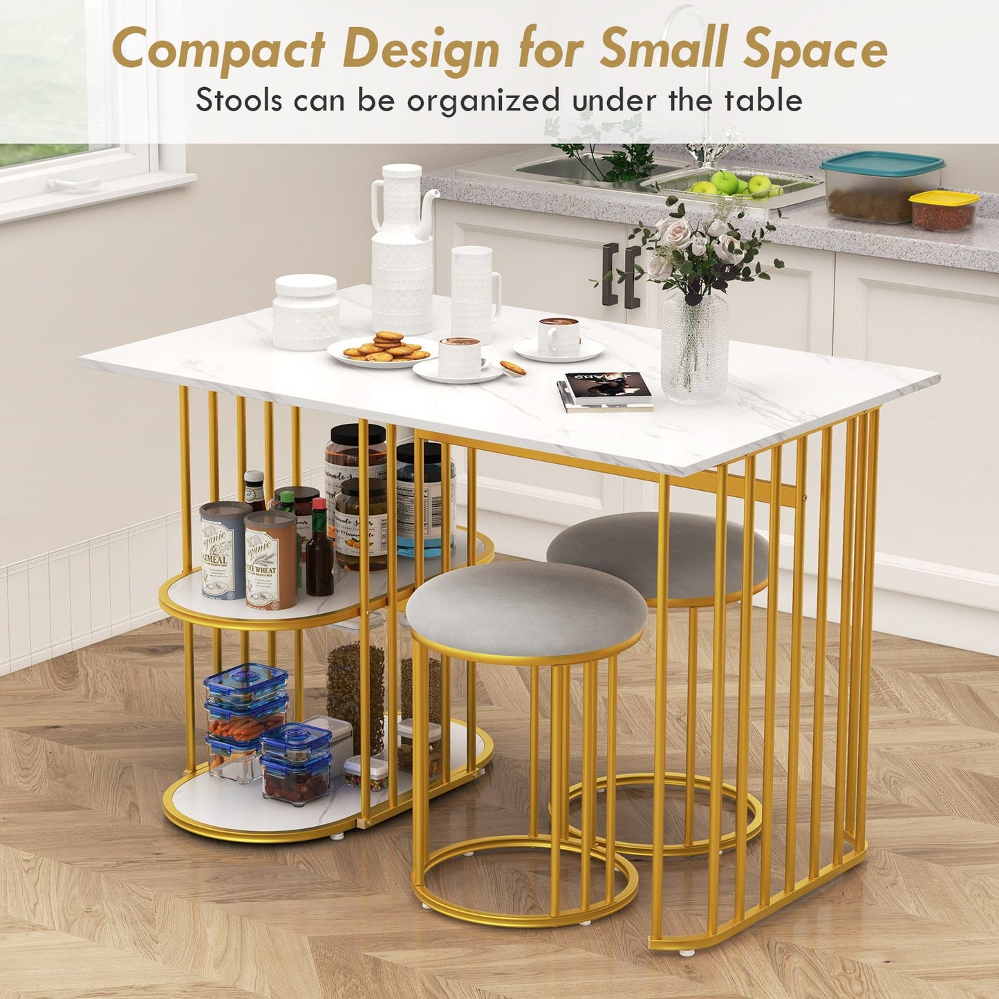 3 Piece Dining Table Set with 2 Stools and Rectangular Dining Table-White
