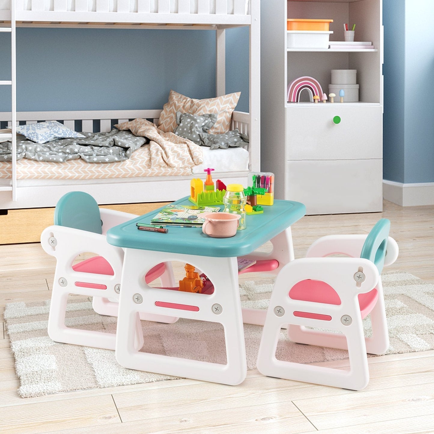 3-Piece Kids Table and Chairs Set with Storage Rack-Blue