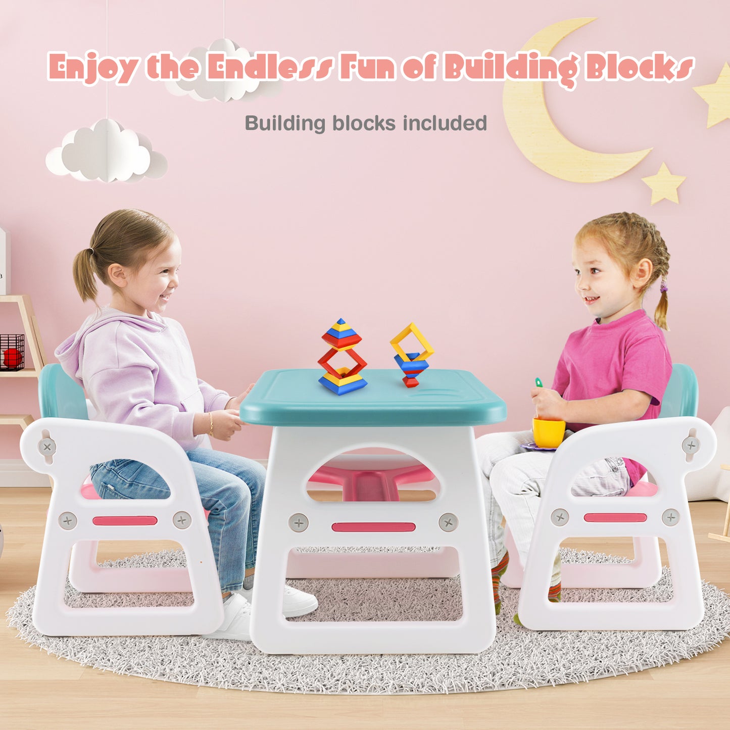 3-Piece Kids Table and Chairs Set with Storage Rack-Blue