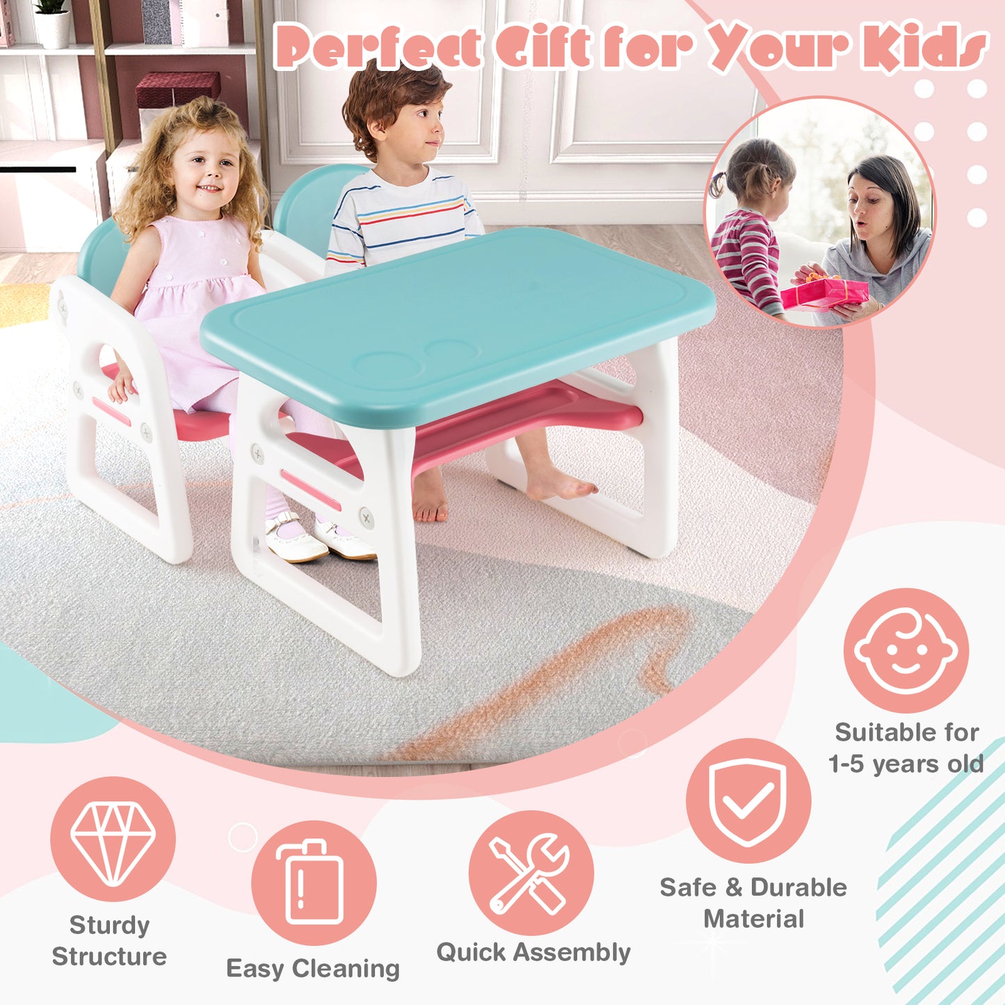3-Piece Kids Table and Chairs Set with Storage Rack-Blue