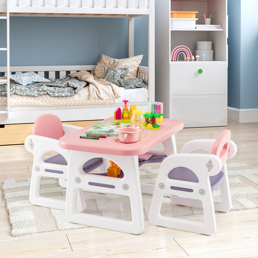 3-Piece Kids Table and Chairs Set with Storage Rack-Pink