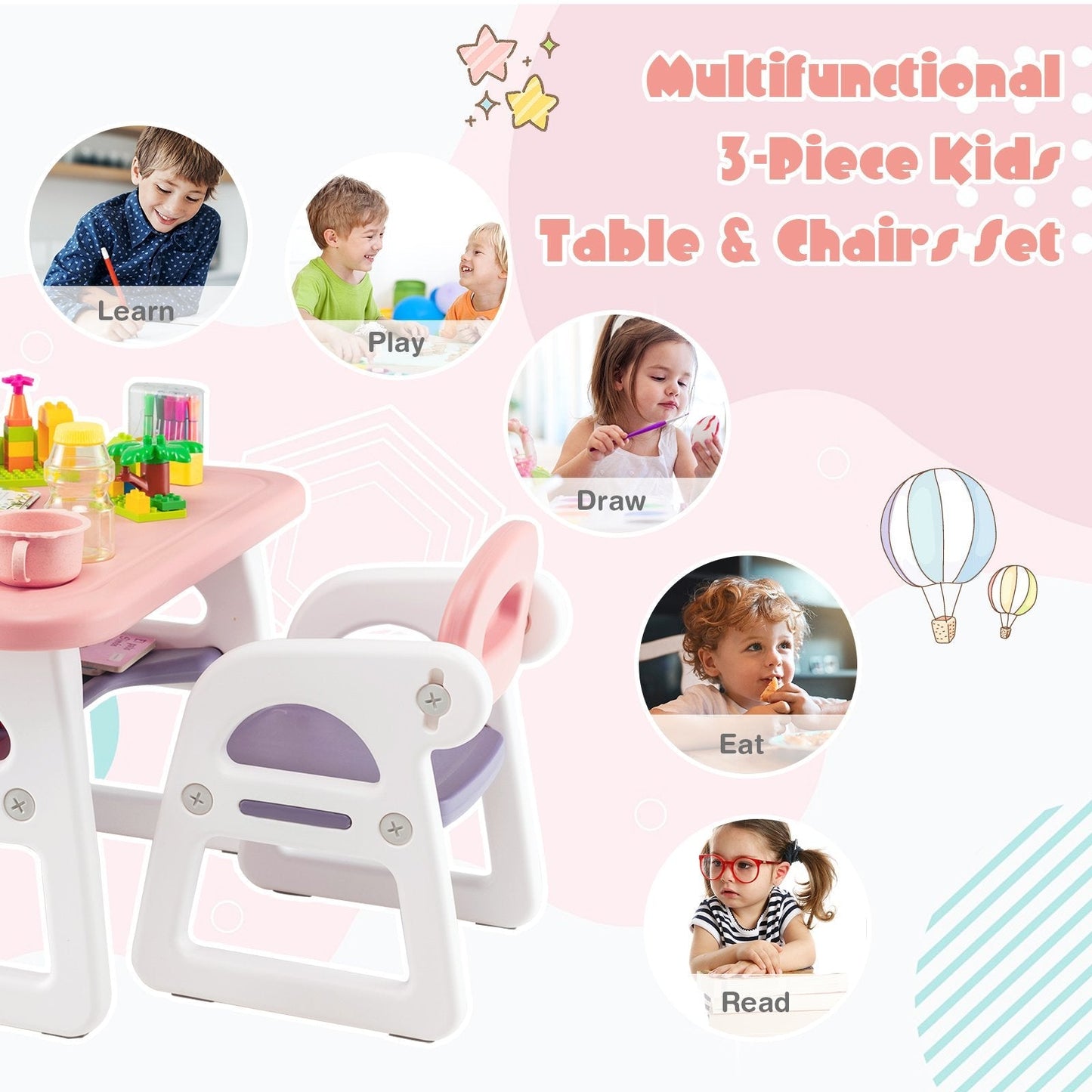 3-Piece Kids Table and Chairs Set with Storage Rack-Pink