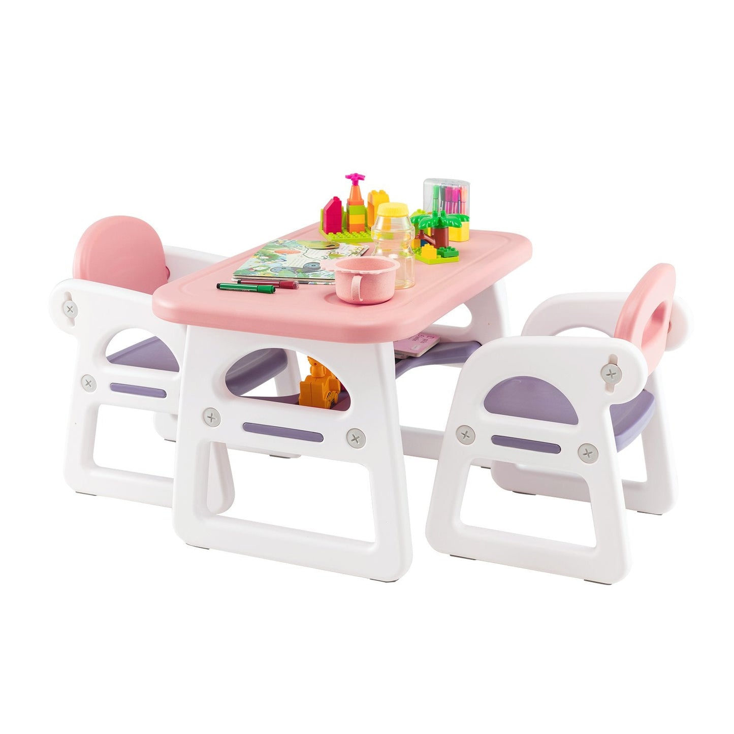 3-Piece Kids Table and Chairs Set with Storage Rack-Pink