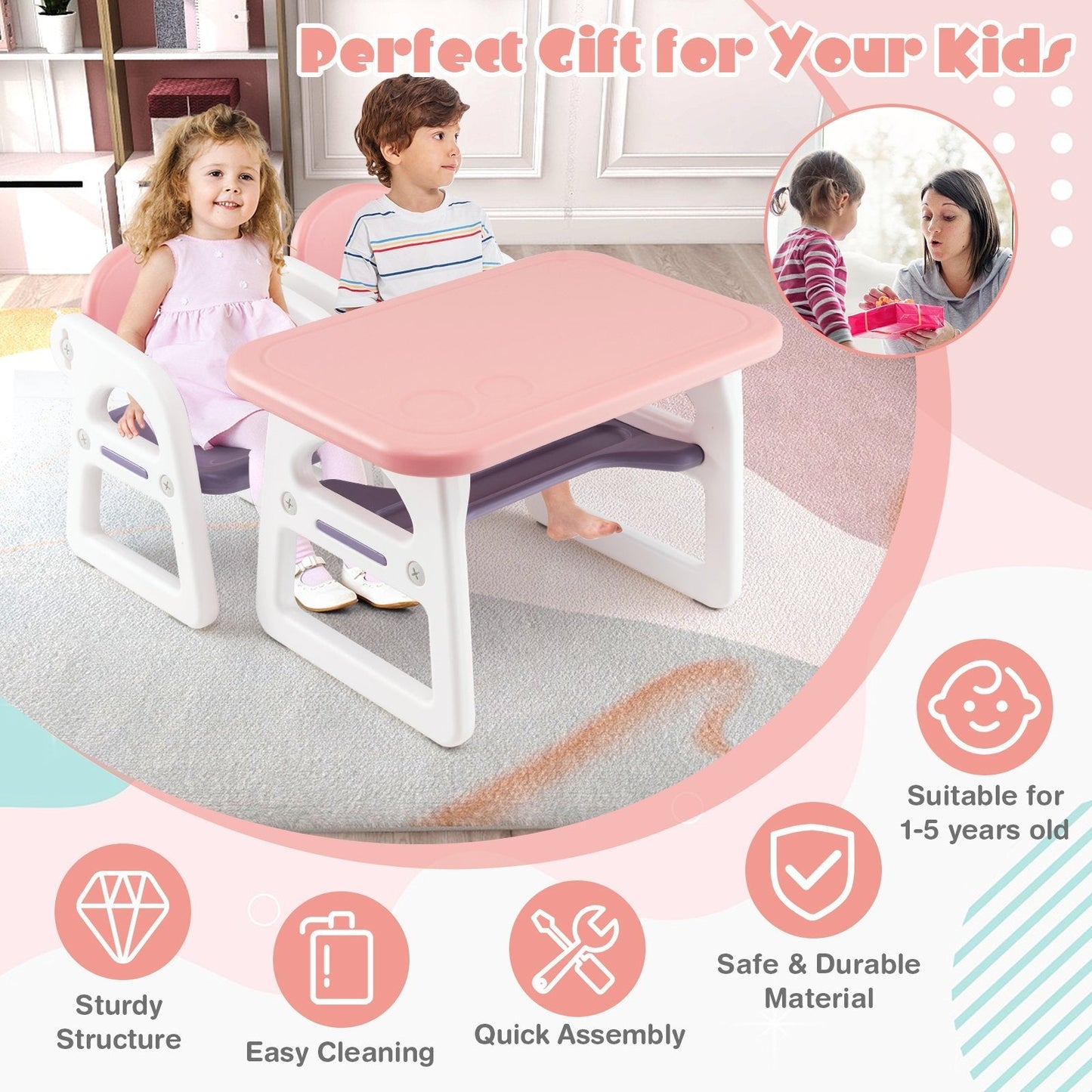 3-Piece Kids Table and Chairs Set with Storage Rack-Pink