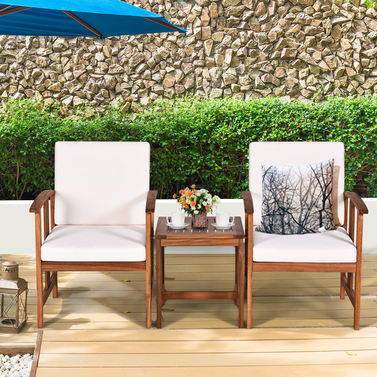 3-Piece Outdoor Acacia Wood Sofa Set with Cushions-White