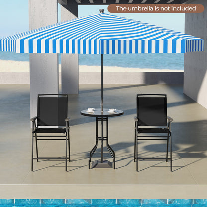3-Piece Outdoor Bar Stool Set with DPC Tabletop and Umbrella Hole and Footrest-Black