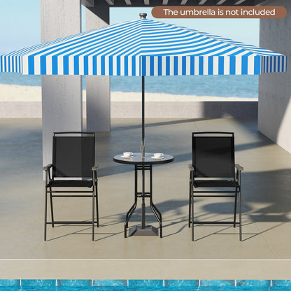 3-Piece Outdoor Bar Stool Set with DPC Tabletop and Umbrella Hole and Footrest-Black