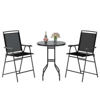 3-Piece Outdoor Bar Stool Set with DPC Tabletop and Umbrella Hole and Footrest-Black