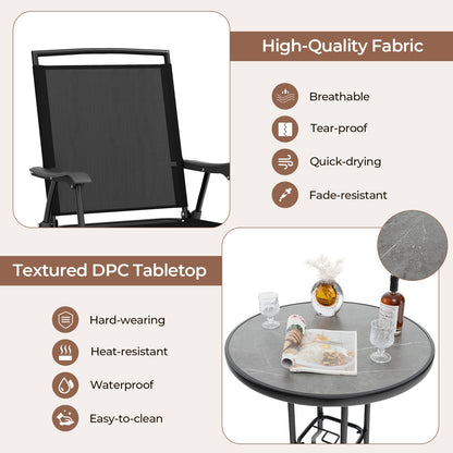 3-Piece Outdoor Bar Stool Set with DPC Tabletop and Umbrella Hole and Footrest-Black
