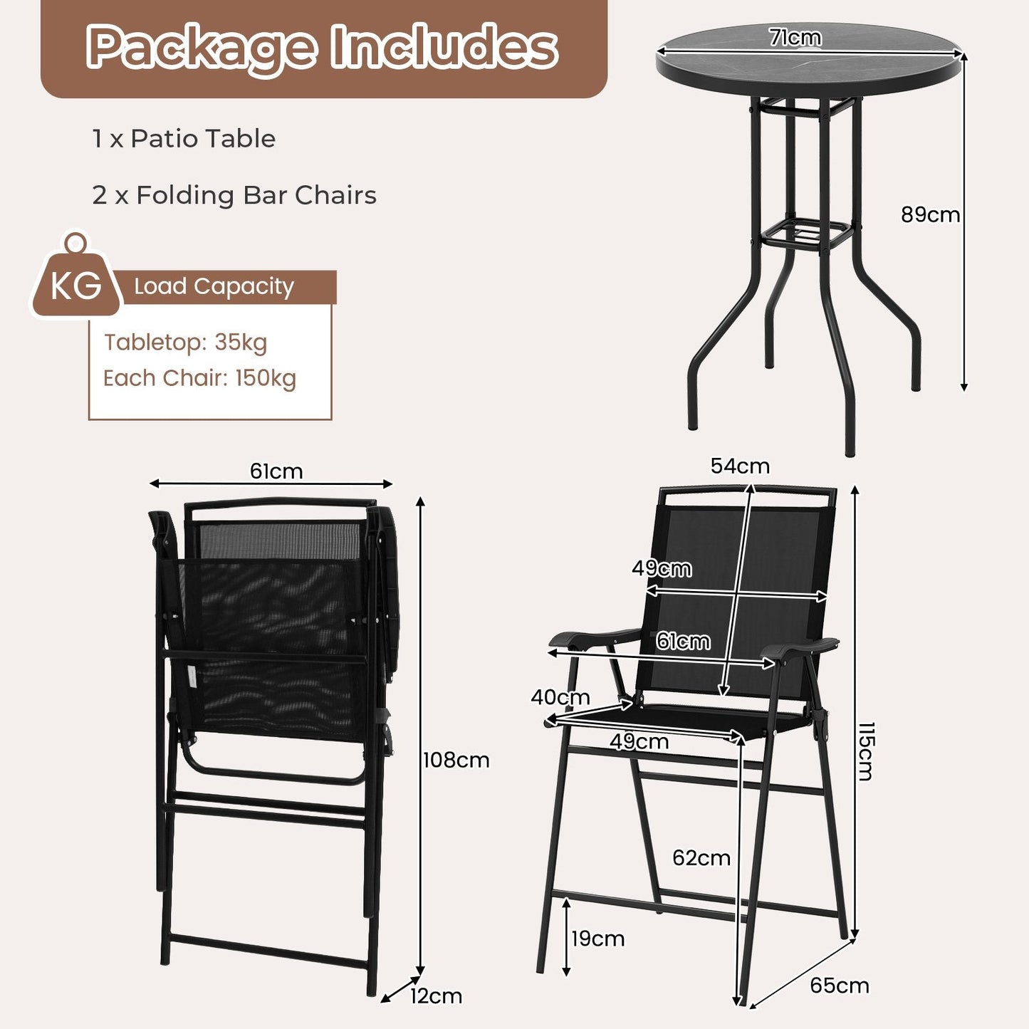 3-Piece Outdoor Bar Stool Set with DPC Tabletop and Umbrella Hole and Footrest-Black