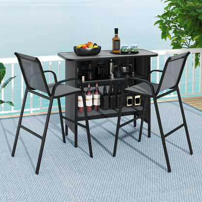 3 Piece Outdoor Bar Table and Chairs Set with Breathable Fabric-Grey