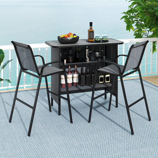 3 Piece Outdoor Bar Table and Chairs Set with Breathable Fabric-Grey