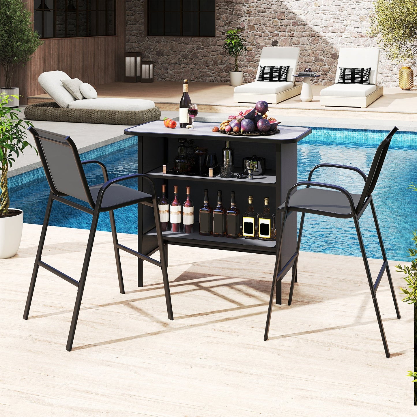 3 Piece Outdoor Bar Table and Chairs Set with Breathable Fabric-Grey