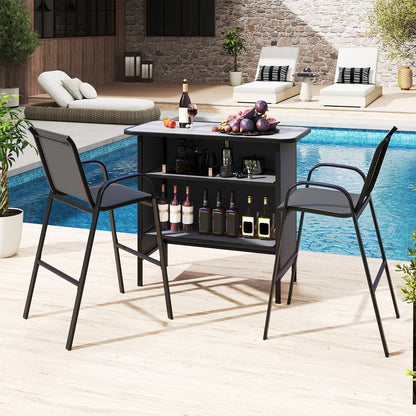 3 Piece Outdoor Bar Table and Chairs Set with Breathable Fabric-Grey