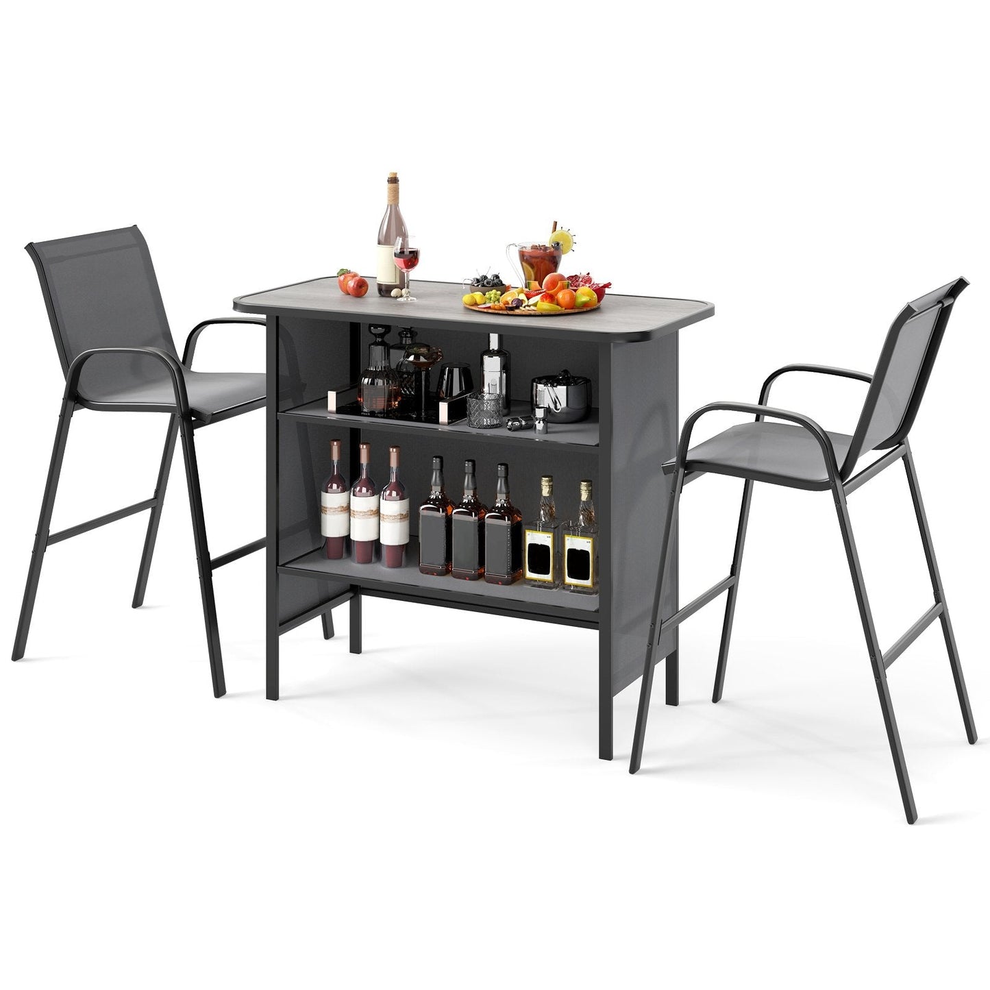 3 Piece Outdoor Bar Table and Chairs Set with Breathable Fabric-Grey